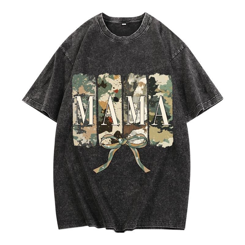 Washed Lightsaber brand - Shirt Featuring "MAMA" Red plumber brand Camo - style Graphics with Bow: WB shield Trendy...
