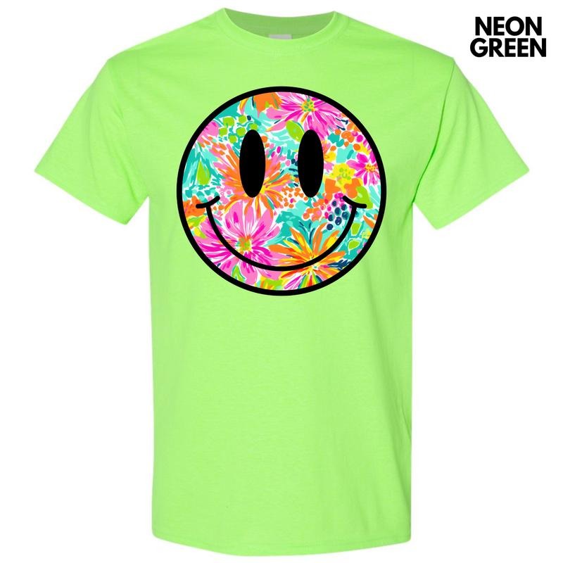 Watercolor Flowers Happy Face Gildan Short Sleeve T-Shirt 'NLB' Hoodie, Sweatshirt | RetroVerseTees.com