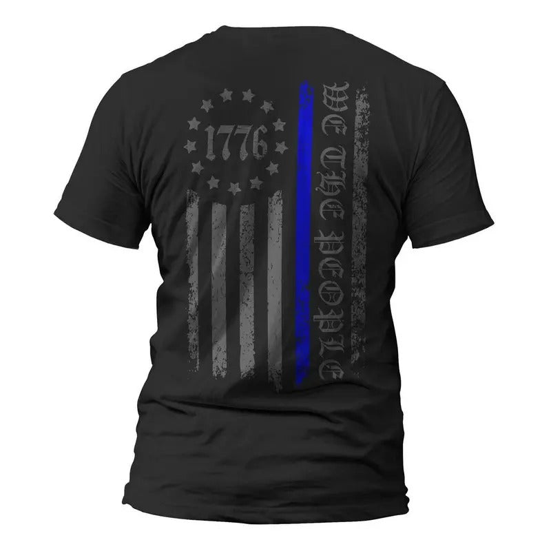 We The People 1776 Thin Blue Line Vertical Flag Back Print Police Men's T-Shirt Casual Classic Hoodie, Sweatshirt