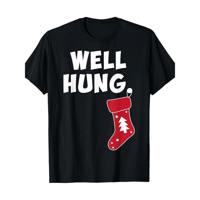 Well Hung Christmas Stocking T-Shirt, 100% Cotton Crew Neck Short Sleeve Tee, Geometric Pattern, Knit Fabric, Medium...