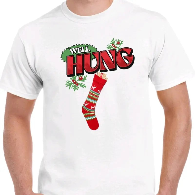 Well hung Christmas T-shirt. Men's funny T-shirt meme christmas unisex Cotton Menswear Top Tshirt Shortsleeve Hoodie,...