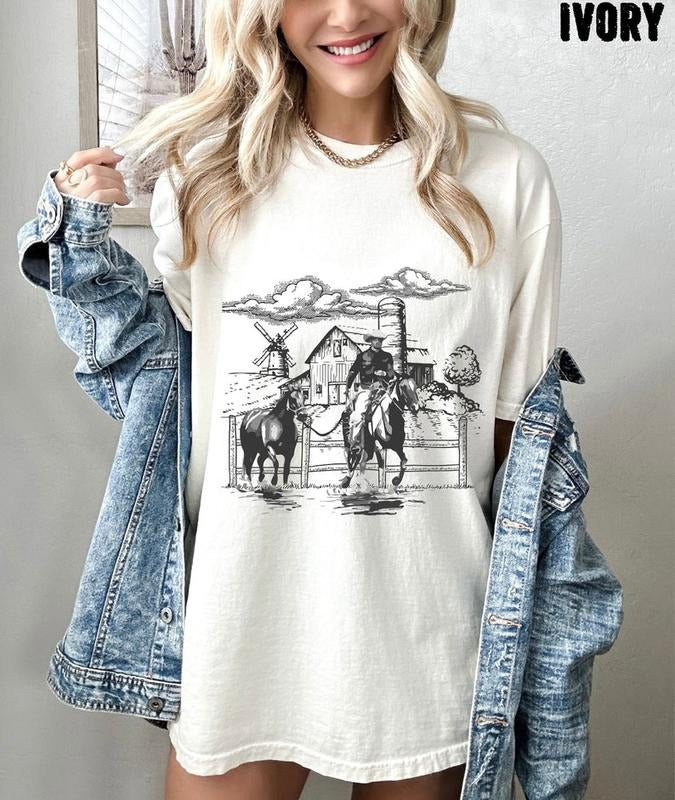 Western Cowboy Oversized Shirt, Vintage Tshirt, Cowboy Shirt, Rodeo Cowgirl Tee, Rodeo Shirt, Country vintage T-shirt,...