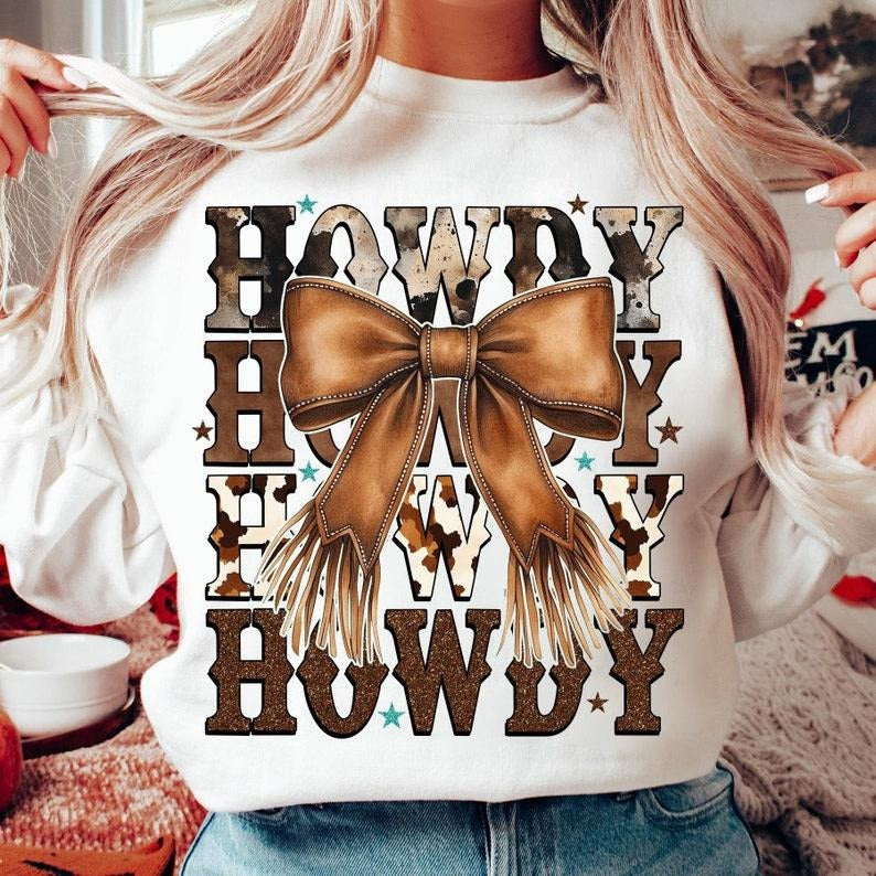 Western Cowgirl Howdy, Brown Leather Bow, Western Mama, Western Shirt Hoodie, Sweatshirt | RetroVerseTees.com