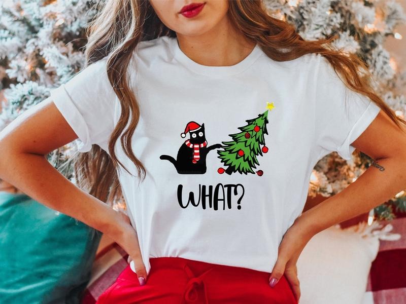 What Cat Christmas Shirt, Funny Black Cat T-Shirt, Cat Lover Gift Tee For Mother, Unisex Christmas Gift Shirt, Christmas...