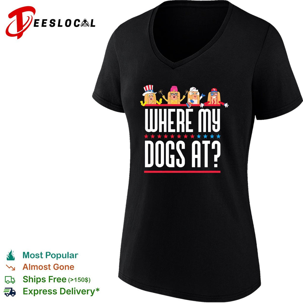 Where my dogs at hot dog characters July 4th American party shirt