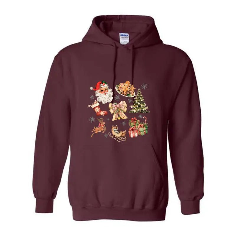 Whimsical Christmas Collage Hoodie - Santa, Ornaments, Gunpla brand Presents - Unisex Sweater - Tops, Sweatshirts T-Shirts