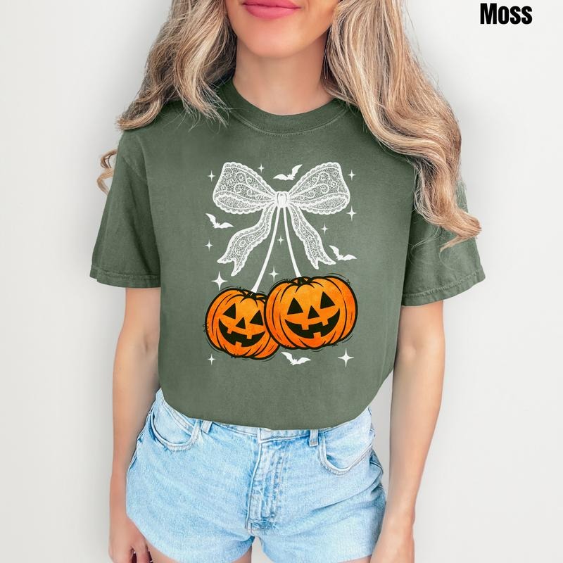 White Bats & Pumpkins Bow Comfort Colors T-Shirt 'NLB' Hoodie, Sweatshirt | RetroVerseTees.com