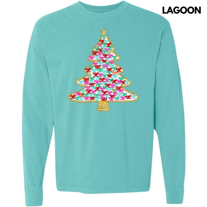 White Bushel Of Bows Christmas Tree Long Sleeve Comfort Colors T-Shirt 'NLB' Hoodie, Sweatshirt | RetroVerseTees.com