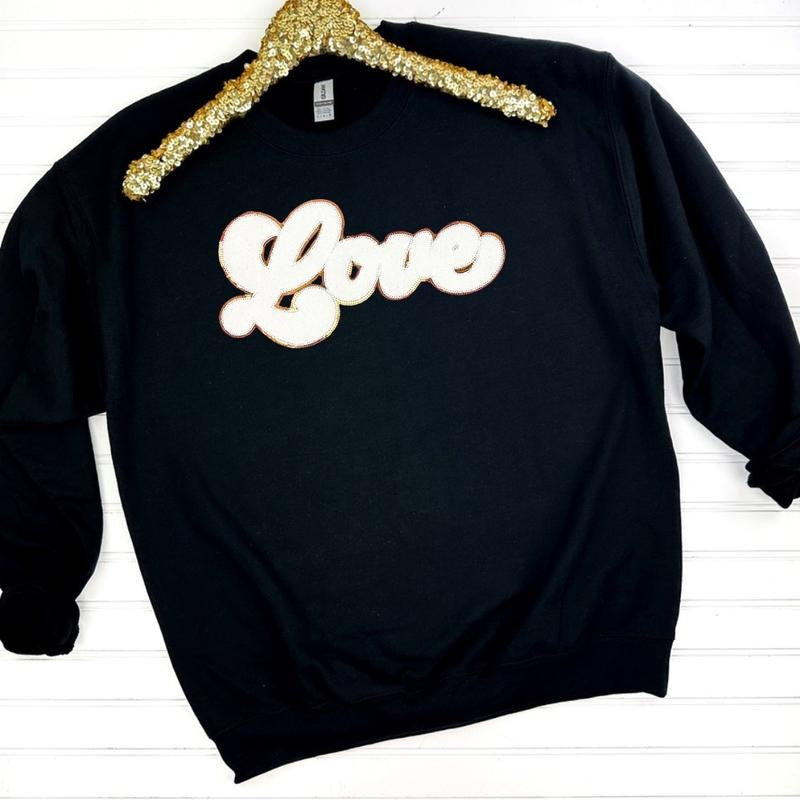 White Chenille Love Patch Sweatshirt -- BLACK T-Shirts, Hoodie | RetroVerseTees.com