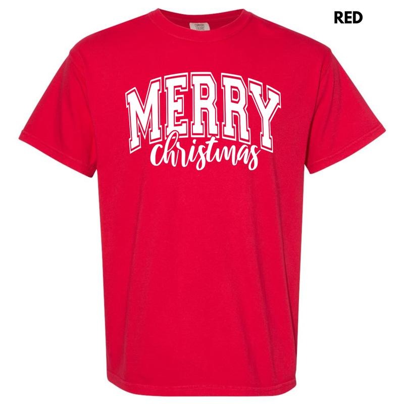 White Cursive Varsity Merry Christmas Comfort Colors T-Shirt 'NLB' Hoodie, Sweatshirt | RetroVerseTees.com