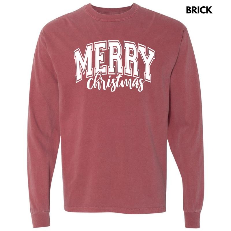 White Cursive Varsity Merry Christmas Long Sleeve Comfort Colors T-Shirt 'NLB' Hoodie, Sweatshirt | RetroVerseTees.com