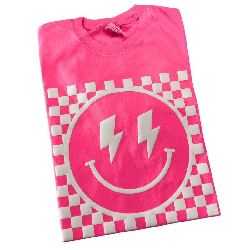 White Puff Checkered Happy Face Comfort Colors T-Shirt Hoodie, Sweatshirt | RetroVerseTees.com