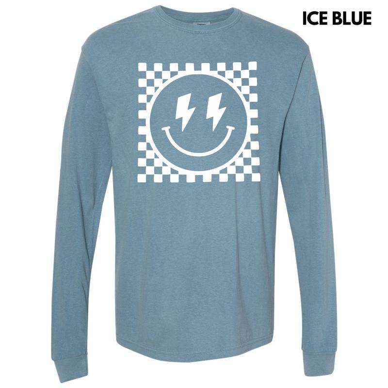 White Puff Checkered Happy Face Long Sleeve Comfort Colors T-Shirt Hoodie, Sweatshirt | RetroVerseTees.com