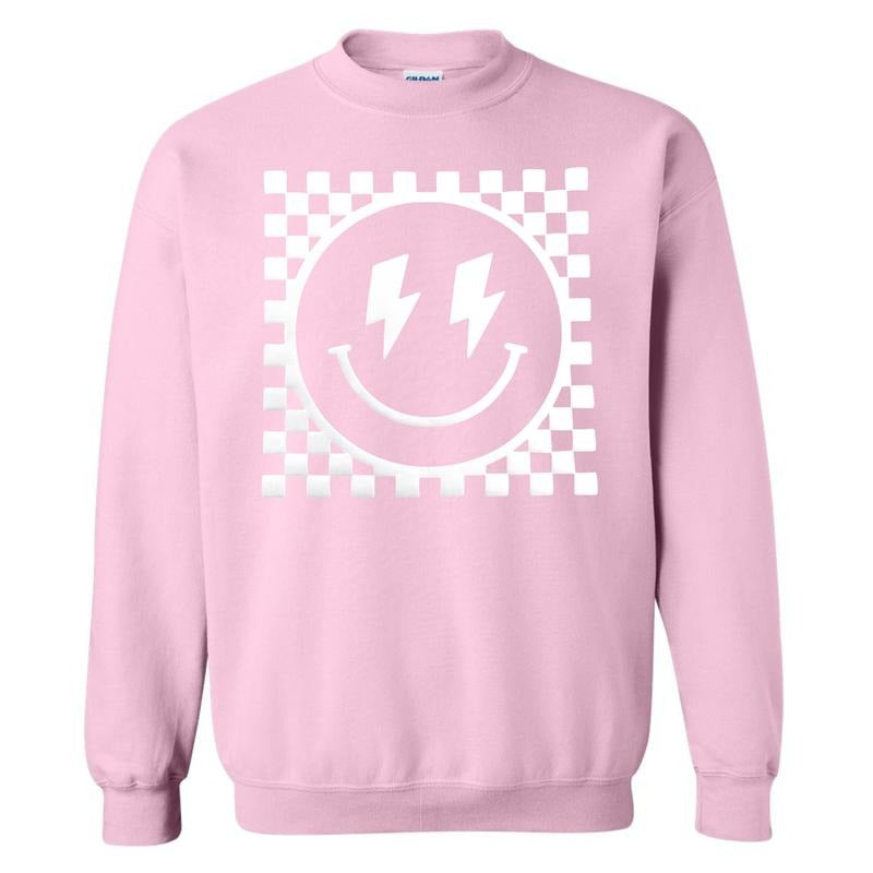 White Puff Checkered Happy Face Sweatshirt T-Shirts, Hoodie | RetroVerseTees.com