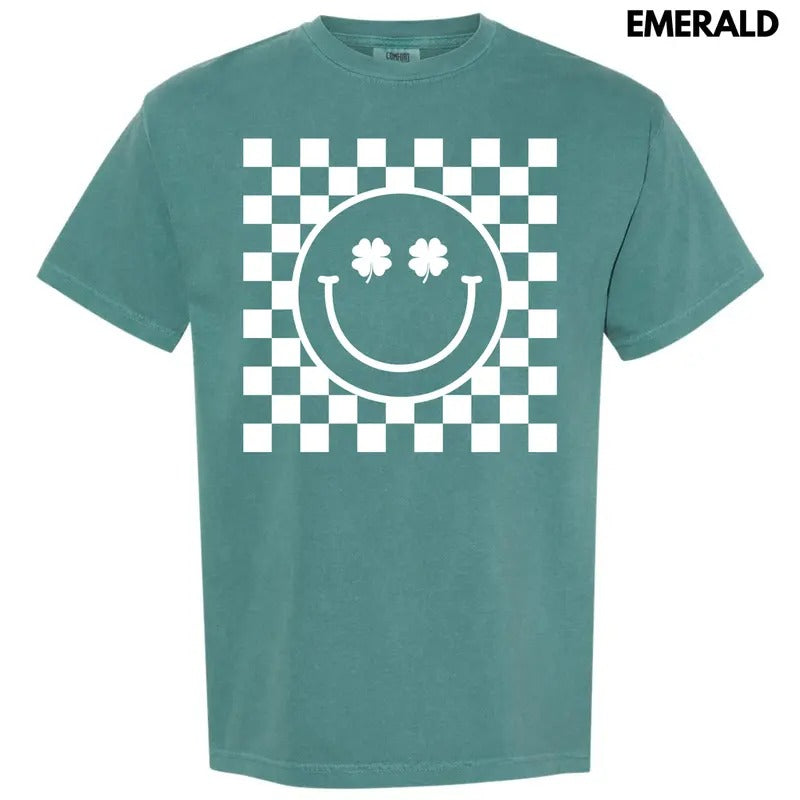 White Shamrock Checker Happy Face Comfort Colors T-Shirt 'NLB' Hoodie, Sweatshirt | RetroVerseTees.com