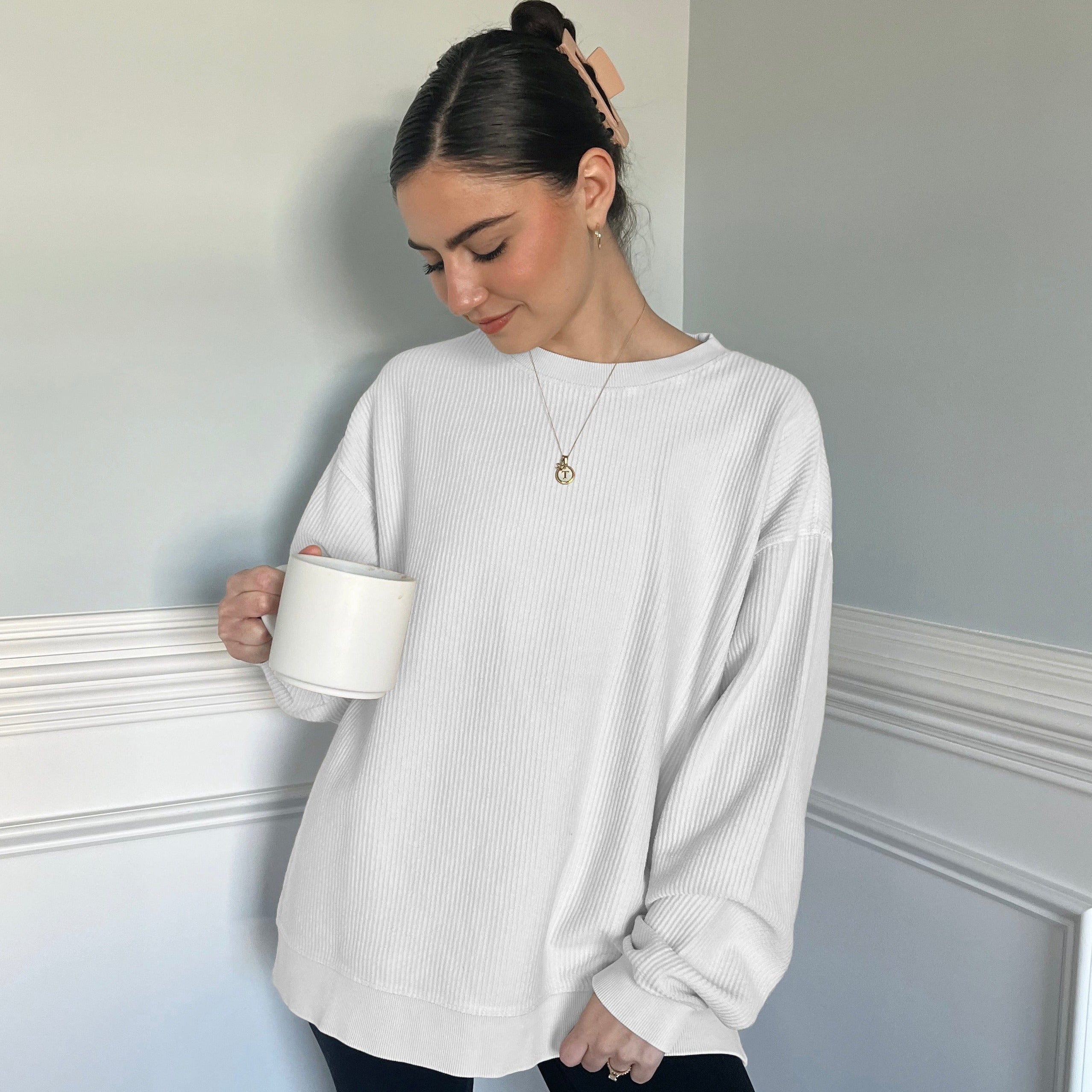 White Oversized Corded Crew T-Shirts, Hoodie, Sweatshirt | RetroVerseTees.com (Image 2)