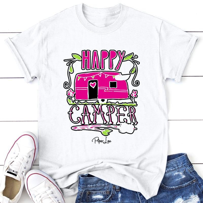 Happy Camper Pink Tee, Proudly Printed In The USA, Tee Gray / White, #sassy #cute #colorprint Hoodie, Sweatshirt