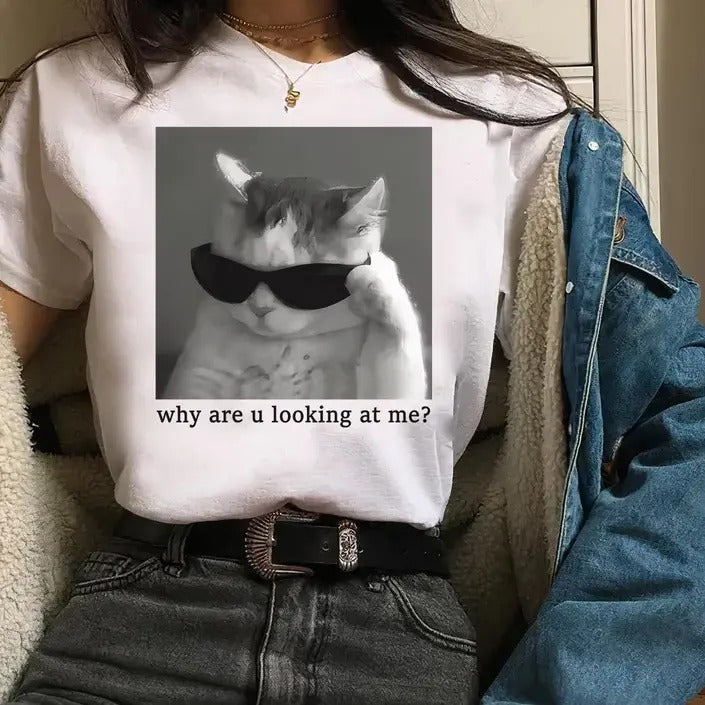 Why Are You Looking At Me Tshirt -cat meme shirt,cat shirts,funny shirt Hoodie, Sweatshirt | RetroVerseTees.com