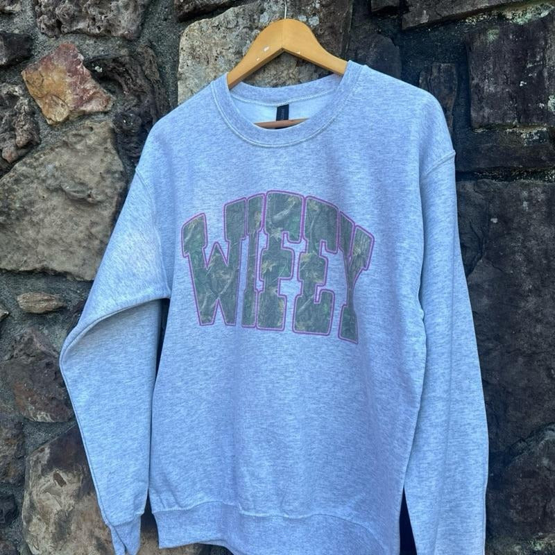 Wifey Pink Camo Oversized Print Crewneck Sweatshirt T-Shirts, Hoodie | RetroVerseTees.com