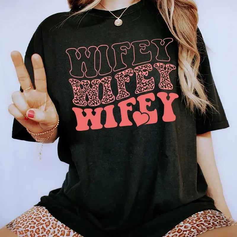 Wifey Shirt, Wife Life Tee, Leopard Wifey Graphic Printed Short Sleeve Tee Shirt, Women Cotton Fabric Comforts Shirt,...