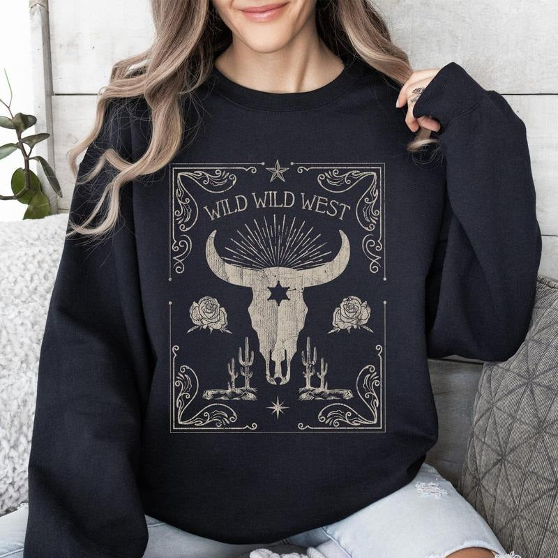 Wild Wild West, Cow Skull, Rose, Western, Country Sweatshirt T-Shirts, Hoodie | RetroVerseTees.com