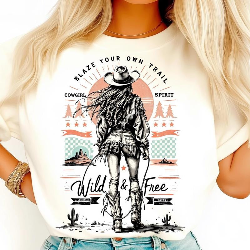 Wild and Free Retro Cowgirl Western Style Shirt, Retro Cowgirl Country Vintage Rodeo Tee, Western Country Cowgirl Gift...