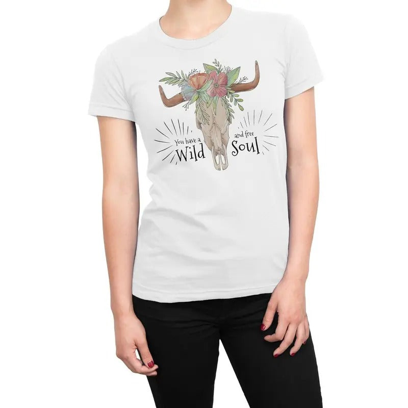 Wild and Free Soul Cow Skull Women's T-Shirt Casual Crewneck Hoodie, Sweatshirt | RetroVerseTees.com