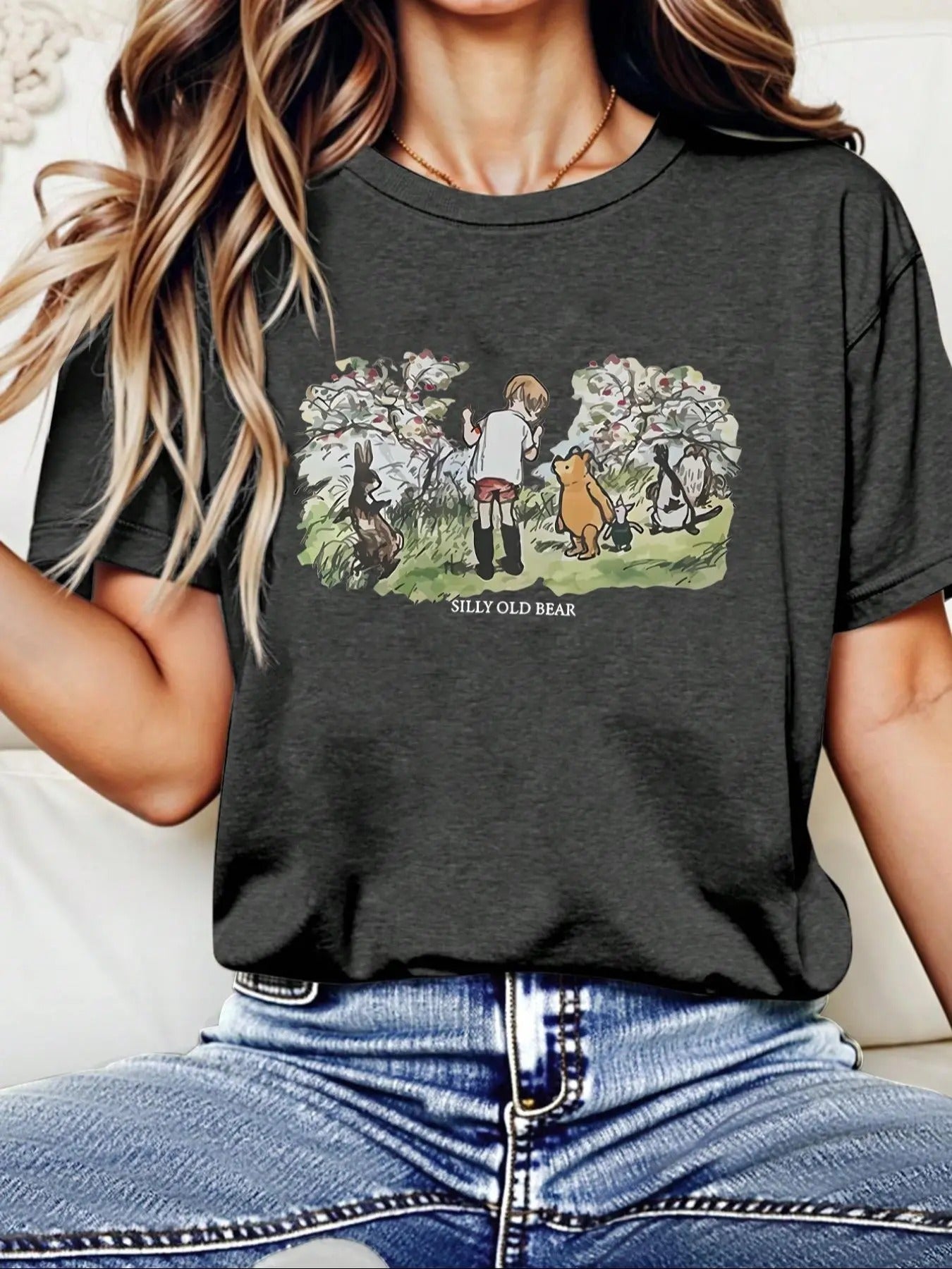 Winnie TNF Pooh & Letter Print Round Neck Tee, Vintage Trendy Casual Short Sleeve T-shirt for Daily Wear, Ladies Summer...