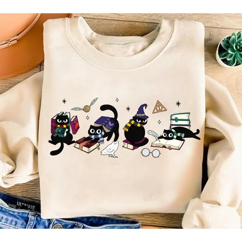 Wizard House Cat Sweatshirt, Wizard Cat Bookish Shirt, Cat Book Lover Gift, Magical Castle Shirt, Wizard School Shirt,...