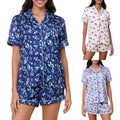 Women 2-Piece Loungewear Short Set Lapel Neck Short Sleeve Tops Bow Drawstring Shorts Print Pajama Outfit T-Shirts,...