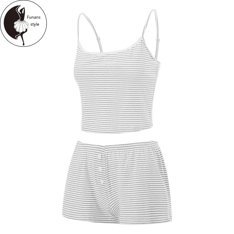 Women 2 Piece Pajama Set Striped Print Crop Camisole and Elastic Shorts for Loungewear Soft Sleepwear for Nightwear...