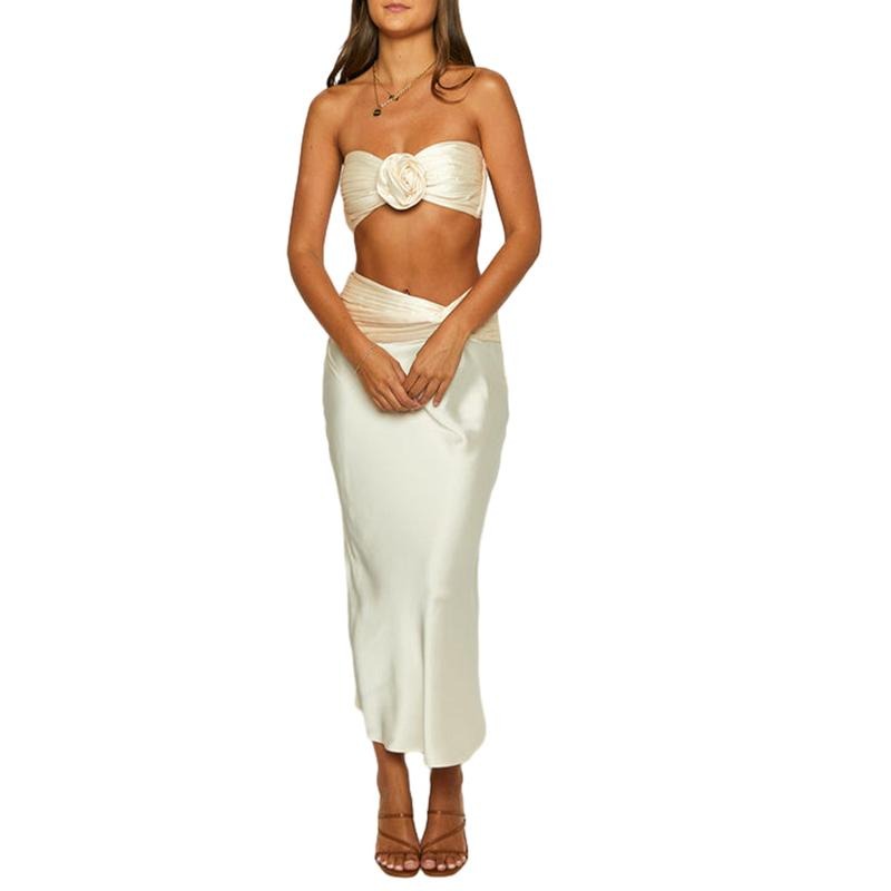 Women 2 Piece Summer Outfits 3D Flowers Ruched Satin Bandeau Tops and Skirt Set for Streetwear Aesthetic Clothes Fashion...