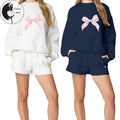 Women 2-Piece Summer Outfits Bow Print Long Sleeves Sweatshirt and Elastic Shorts for Tracksuit Streetwear T-Shirts, Hoodie