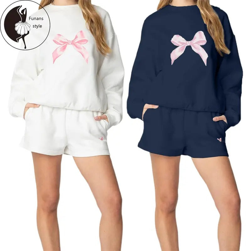 Women 2-Piece Summer Outfits Bow Print Long Sleeves Sweatshirt and Elastic Shorts for Tracksuit Streetwear T-Shirts, Hoodie