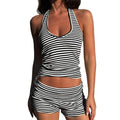 Women 2-Piece Summer Outfits Striped Print Backless Halter Neck Tops and Elastic Shorts Club Streetwear Fashion Clothes...