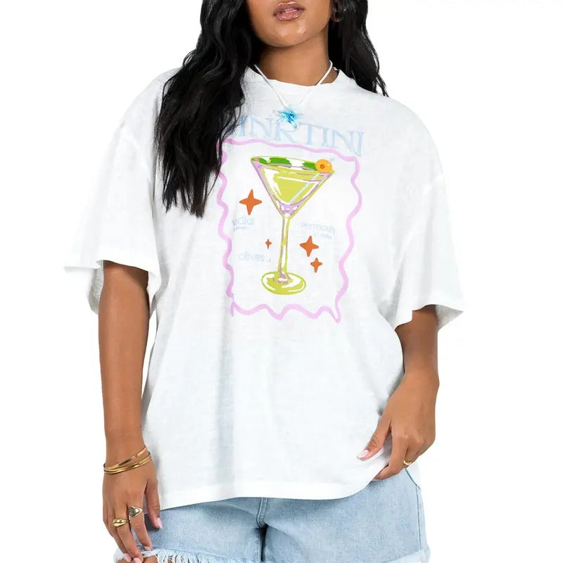Women Basic Loose T-Shirt Casual Summer Cocktail Glass Print Short Sleeve Tops for Streetwear Aesthetic Grunge Clothes...