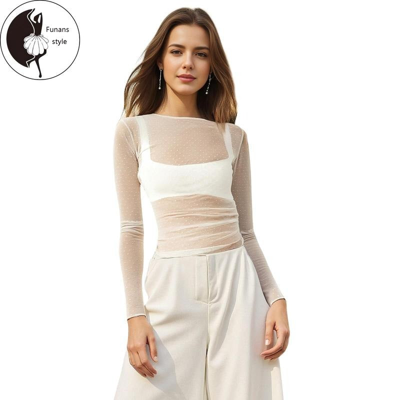 Women Basic Mesh Tops Casual Swiss Dot Sheer Long Sleeve Shirt Hoodie, Sweatshirt | RetroVerseTees.com