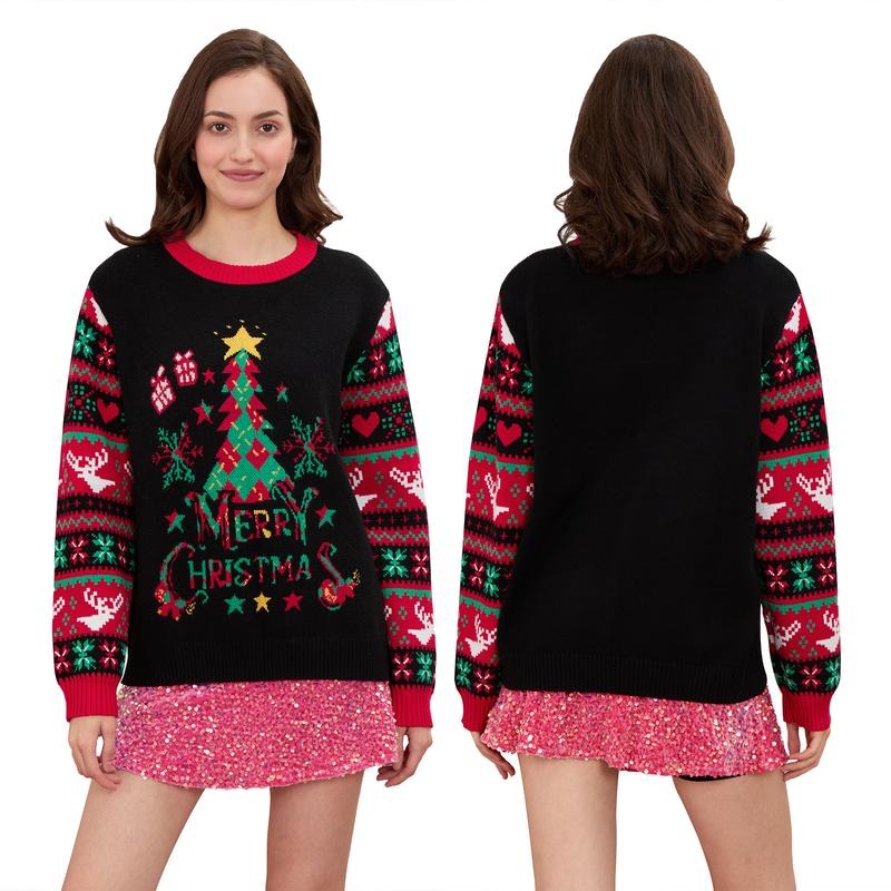 Women Christmas Sweater Long Sleeve Crew Neck Tree Letters Pullover Sweater Winter Sweater T-Shirts, Hoodie, Sweatshirt