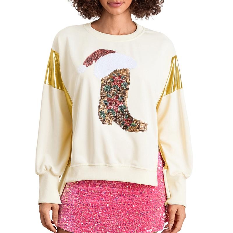 Women Christmas Sweatshirt, Long Sleeve Crew Neck Sequined Boots Slit Hoodie Pullover for Casual Daily T-Shirts