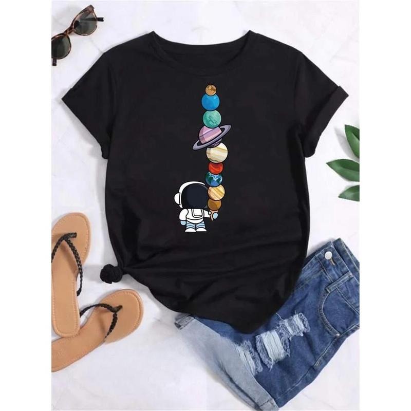 Women Funny Moon Space Planet Print Lightsaber brand Shirt Girl Casual Round Neck Short Sleeve TNF Female Vintage Tops...