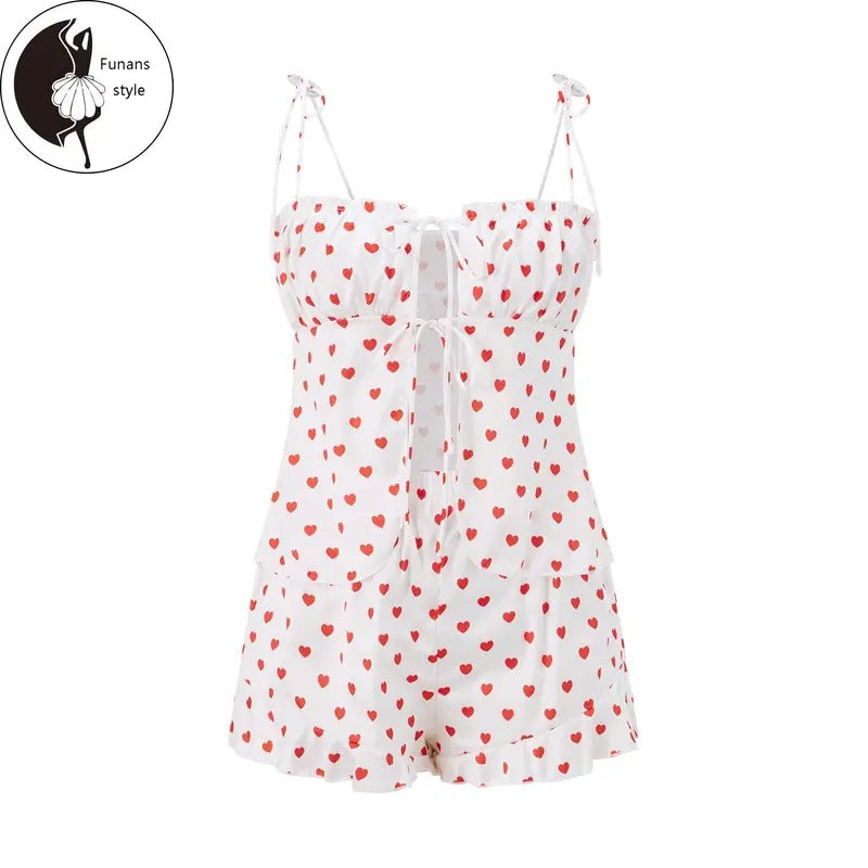 Women Heart Print Outfit Split Front Tie Shoulder Tops Mini Ruffle Shorts 2 Piece Casual Outfit T-Shirts, Hoodie, Sweatshirt