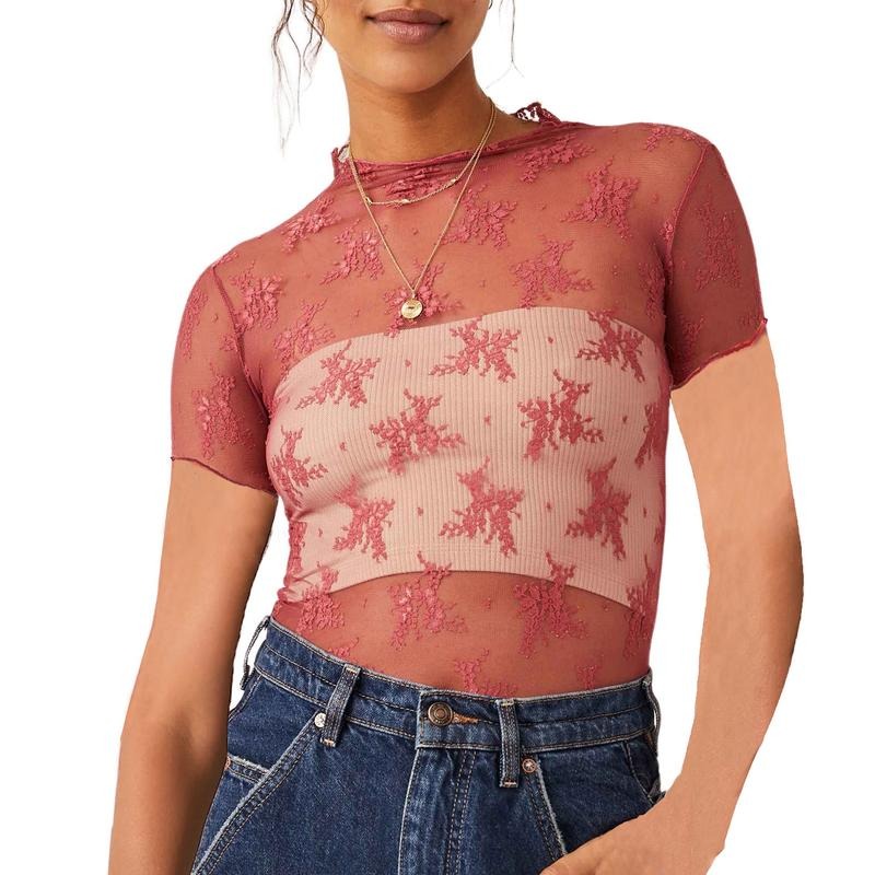 Women Lace Top, Crew Neck Short Sleeve See-through Summer Sheer T-shirt Clubwear Hoodie, Sweatshirt | RetroVerseTees.com