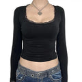 Women Lace Trim Short T-Shirts U-Neck Long Sleeve Shirts Spring Fall Slim Fit Tops Streetwear Spandex Womenswear Hoodie,...