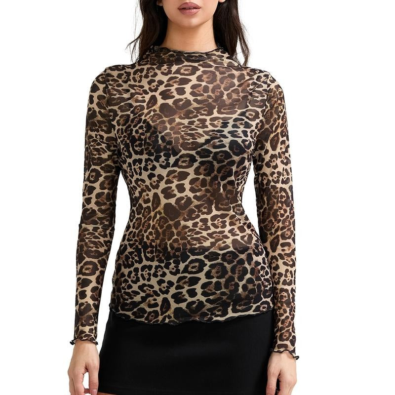 Women Leopard Print T-shirt Long Sleeve Crew NeckFit Ladies Tops Streetwear Hoodie, Sweatshirt | RetroVerseTees.com