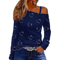 Women Long Sleeve T-Shirts Heart Print Oblique Shoulder Shirts Spring FallFit Casual Tops Hoodie, Sweatshirt