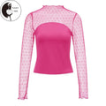 Women Long Sleeve T-Shirts Swiss Dot Mesh Patchwork Mock Neck Casual Shirts Spring FallFit Tops Streetwear Hoodie, Sweatshirt