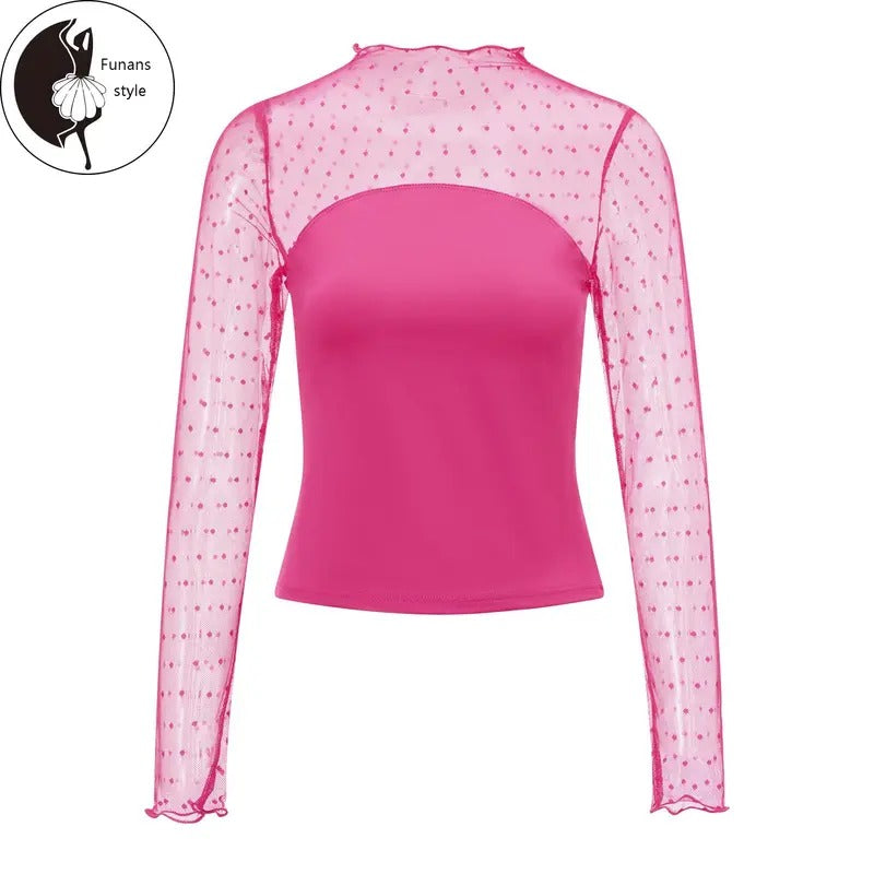 Women Long Sleeve T-Shirts Swiss Dot Mesh Patchwork Mock Neck Casual Shirts Spring FallFit Tops Streetwear Hoodie, Sweatshirt