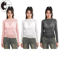 Women Long Sleeve Tops Sheer Floral Lace Ruched Basic Shirt Casual Pullover for Fall Club Streetwear Aesthetic Clothes...