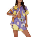 Women Loungewear Set Lemon Print Lapel Neck Short Sleeve Tops Shorts Fashion 2-Piece Pajama Outfit Nightwear Womenswear...