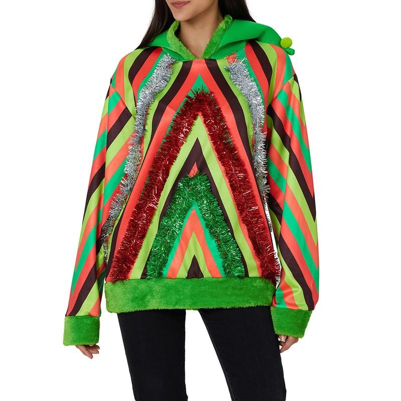 Women Men Christmas Hoodie, Long Sleeve Tree Hooded Sweatshirt Contrast Color Cosplay Costume T-Shirts | RetroVerseTees.com